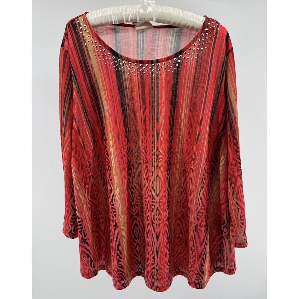 Ruby Rd 2X Red Studded Embellished Tunic Top Boho Stretch Plus Flowy Resortwear